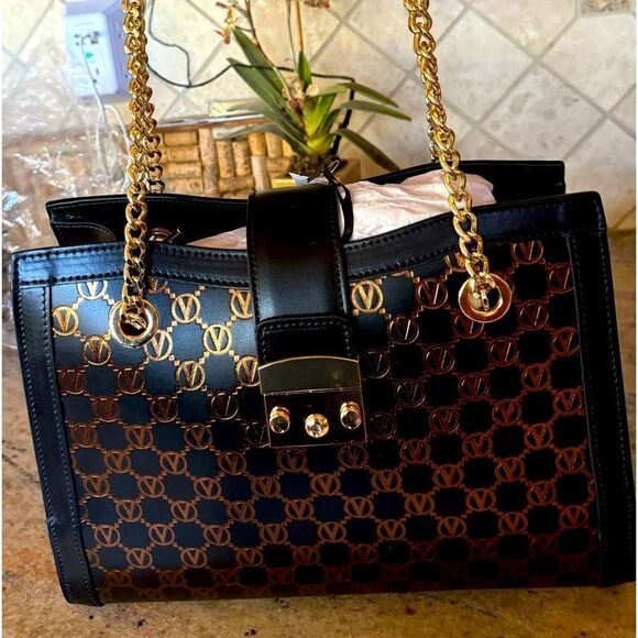 Mario Valentino signature embossed bag. NWT and dust bad. Black with bronze - Picture 1 of 7